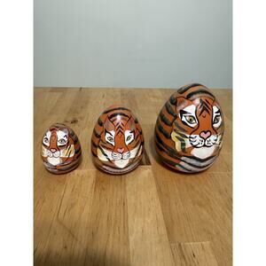 Wooden 3 Nesting Stacking Egg Dolls Tiger Hand Painted Safari Deco Figure Wood